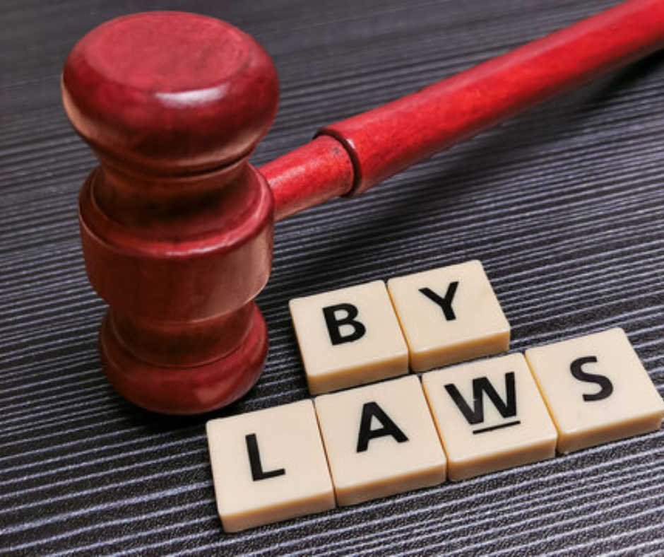 picture of a gavel and tiles that say bylaws