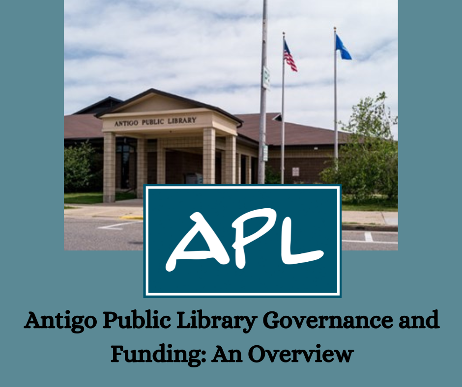 Picture of the Antigo Public Library and its logo. Click to read an overview of the library  governance and funding