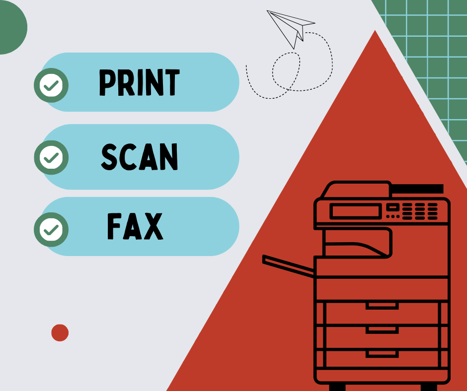 Graphic image of a printer with text indicating print, scan and fax services. Click link for more information.