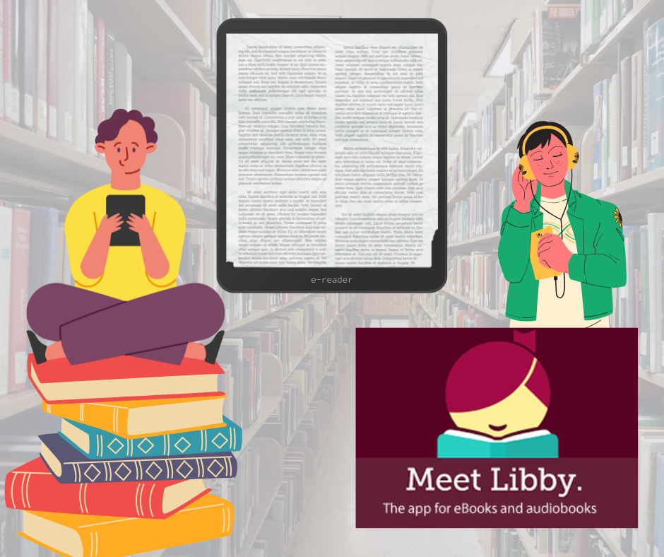 Decorative images of individuals reading utilizing e-technology advertising the e-application Libby by Overdrive for books and audiobooks.