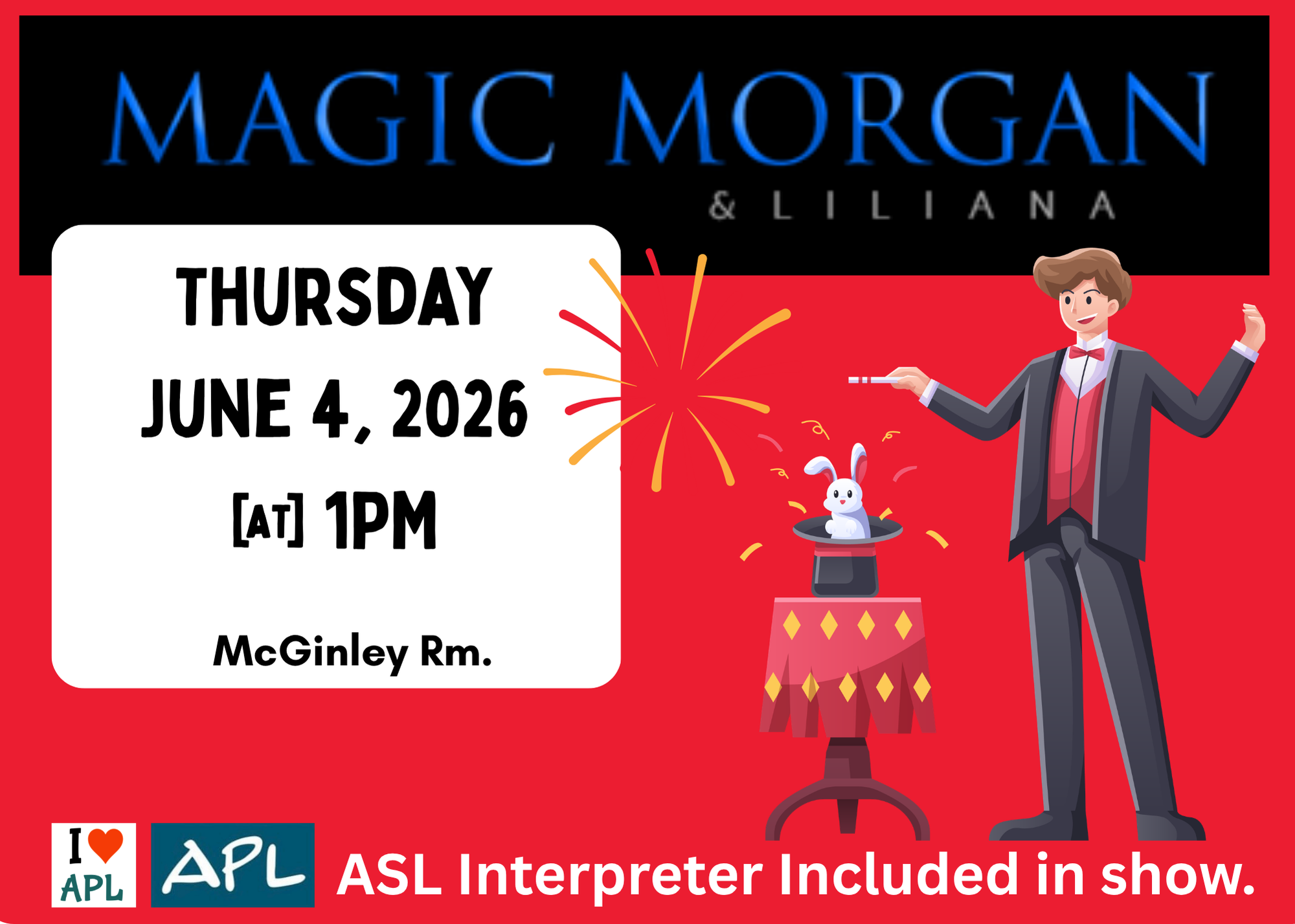 Magic Morgan at the Antigo Public Library on Thursday June 4, 2026 at 1pm in the McGinley room.