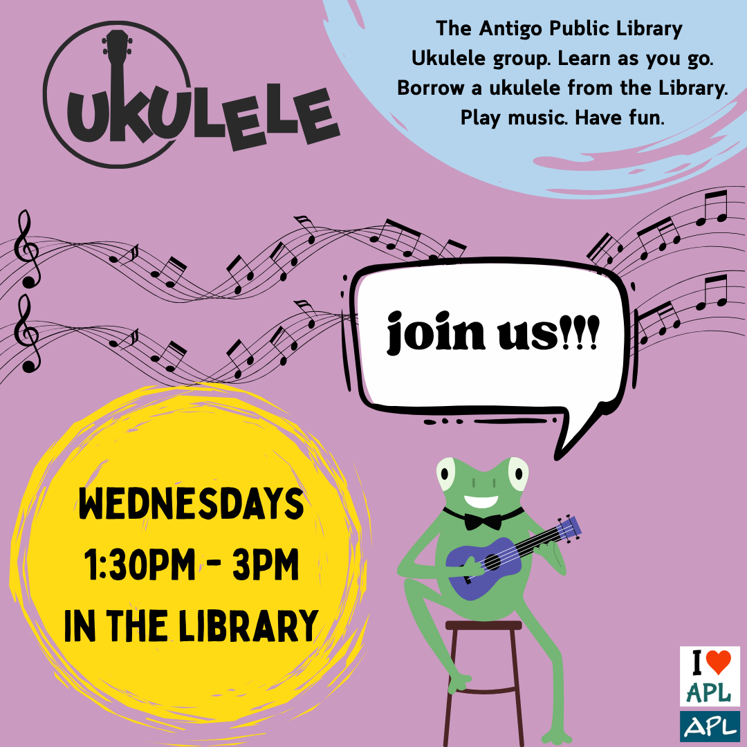 Wednesday ukulele group in the library from 1:30PM - 3PM. The library has ukulele's available to borrow. All experience levels welcome.