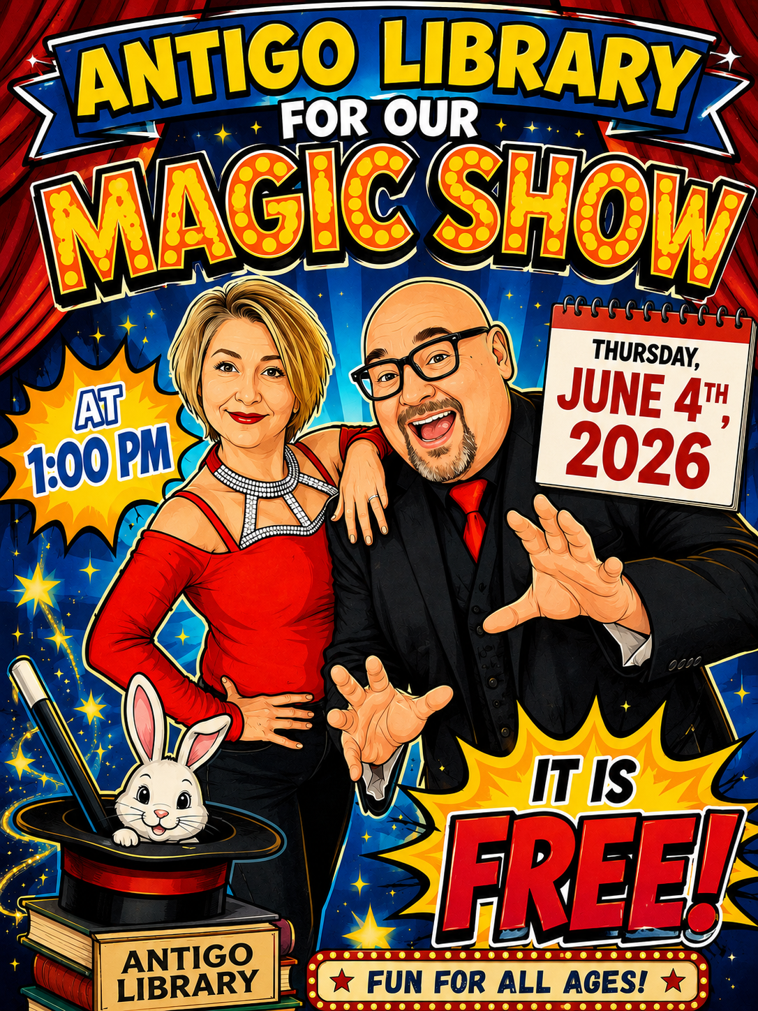 Magic Morgan, free library show at the Antigo Public Library. Thursday June 4, 2026 @ 1PM