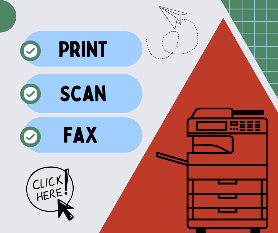 Link to information for printing, scanning, and faxing via the library.